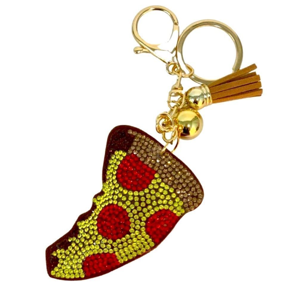 Crystal Avenue Pepperoni Pizza Rhinestone Tassel Key Ring Keychain Purse Charm